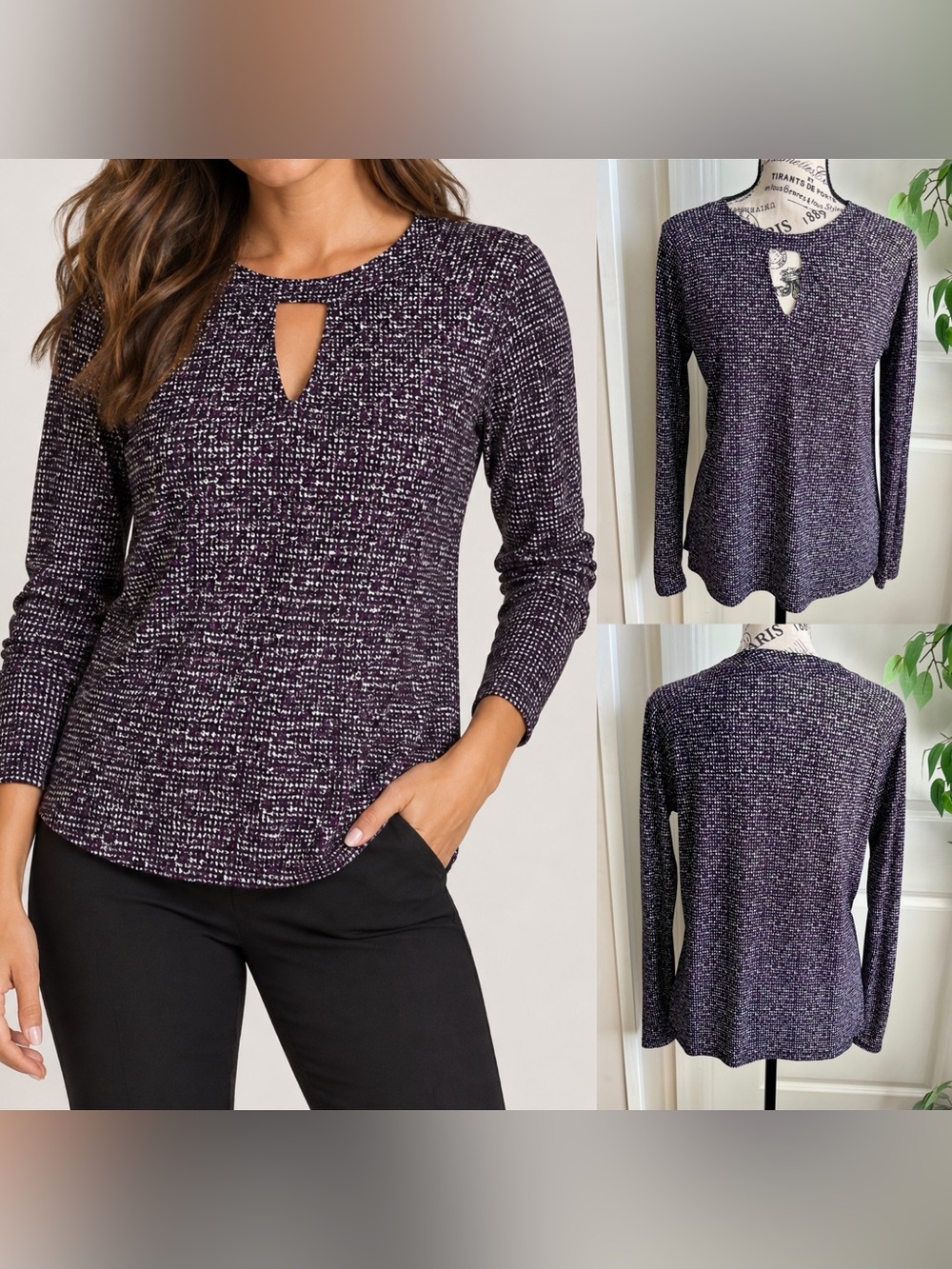 MICHAEL Michael Kors  Abstract Micro-Print Keyhole Long Sleeve Top Purple S
